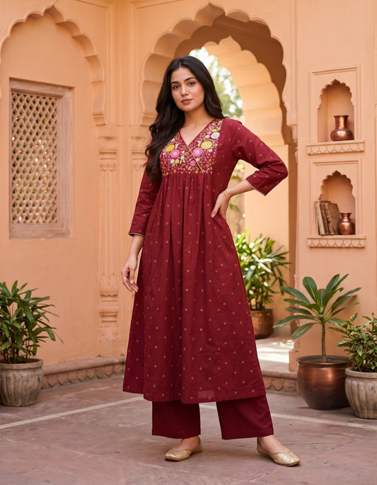 Women's Pure Cotton Printed Kurti Co-ord Set - Maroon