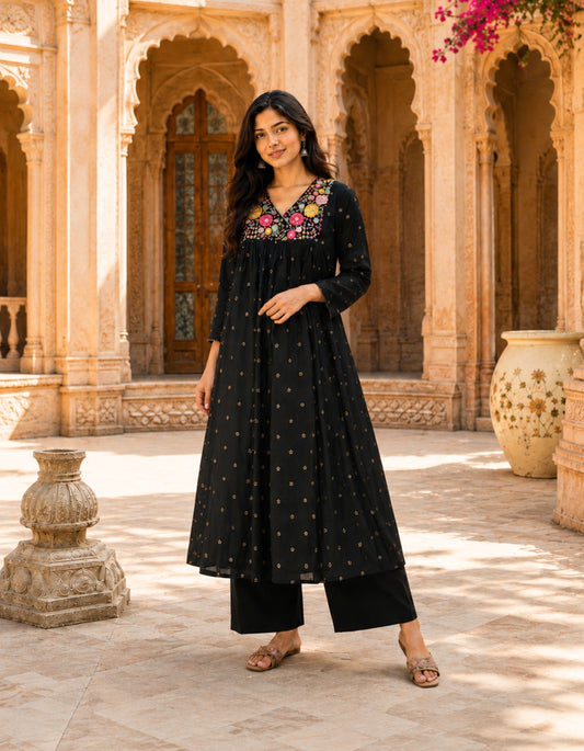 Women's Pure Cotton Printed Kurti Co-ord Set - Black
