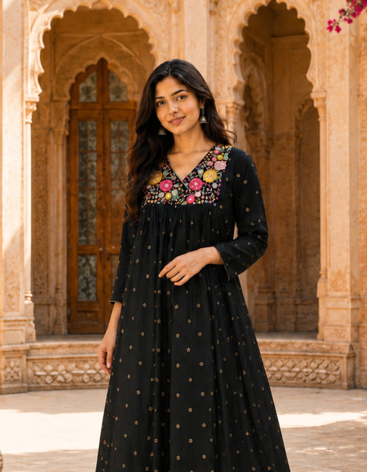 Women's Pure Cotton Printed Kurti Co-ord Set - Black