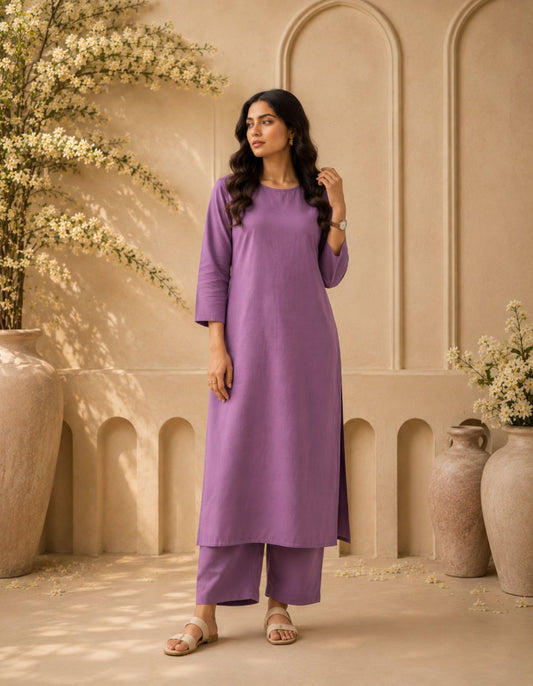 Women's Lavender Solid Kurti Co-ord Set
