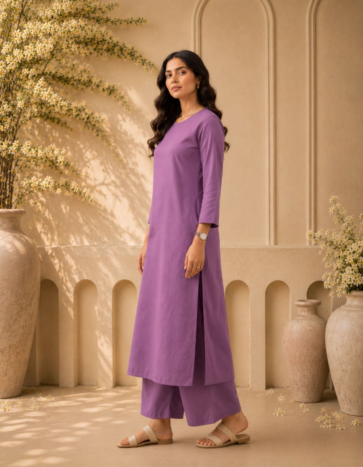 Women's Lavender Solid Kurti Co-ord Set